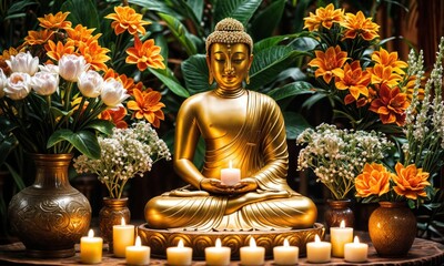 Fototapeta premium A golden Buddha statue surrounded by vibrant orange and white flowers, set amidst lit candles, creating a peaceful and sacred atmosphere. The scene exudes tranquility and spiritual harmony