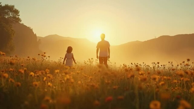Father and daughter, brother and sister at sunset in the field