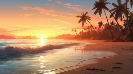 Tropical Beach Sunrise with Palm Trees and Gentle Waves. Tranquil, Serene Nature Landscape