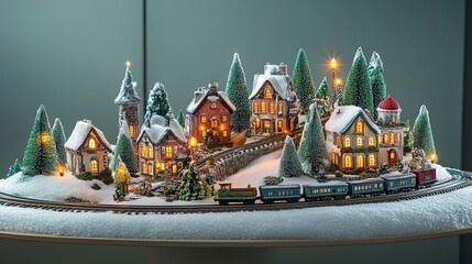 Christmas train display with tiny, illuminated buildings and miniature trees, creating a magical holiday village scene.