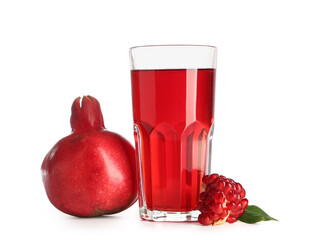 Glass of fresh pomegranate juice and fruits on white background