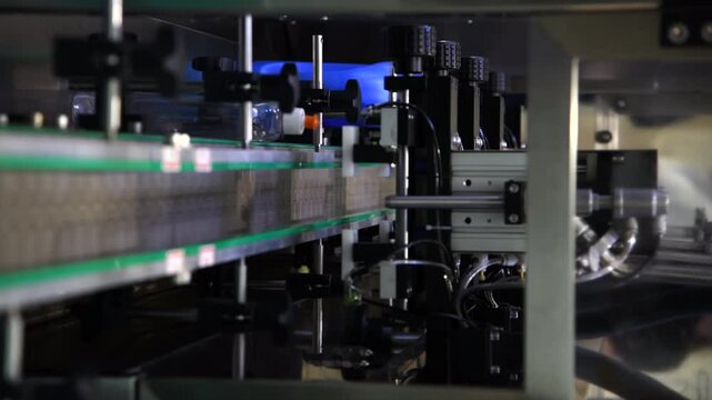 Close-up view of modern bottle filling machine ready to work. Industrial background. Soft focus. Copy space. Real time handheld vertical video. Production line and manufacturing theme.