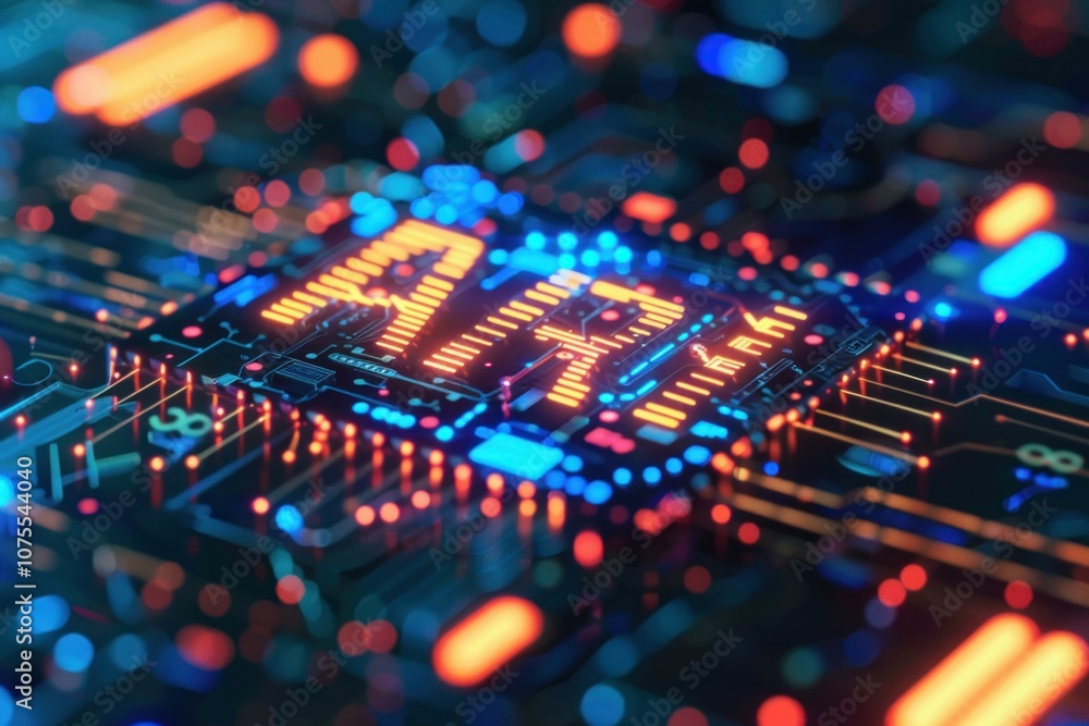 Poster artificial intelligence cpu is glowing and processing data on the motherboard, symbolizing machine l