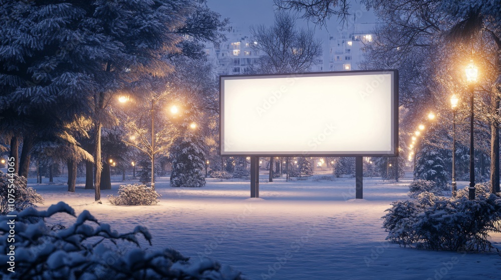 Aufkleber a tranquil winter evening in a park blanketed with snow, where a large, unlit billboard stands surro