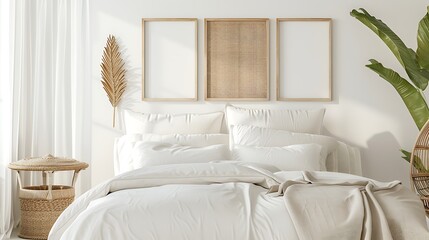 Beautiful Colored Mockup Bedroom Interior Blank Poster Decoration Art Background Image, generative AI