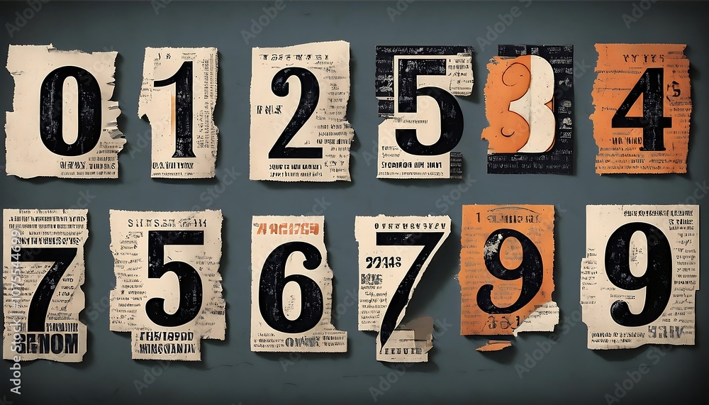 Poster grunge typography includes a type specimen set with collage style numbers marks cut from ne_1(1318)