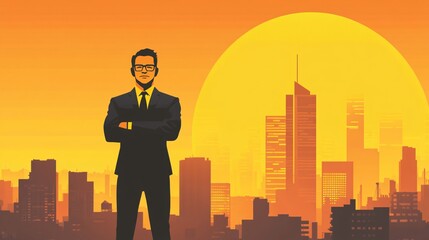 Strong Business Leader with Cityscape Background - Concept of Visionary Leadership and Success in Negative Space Design