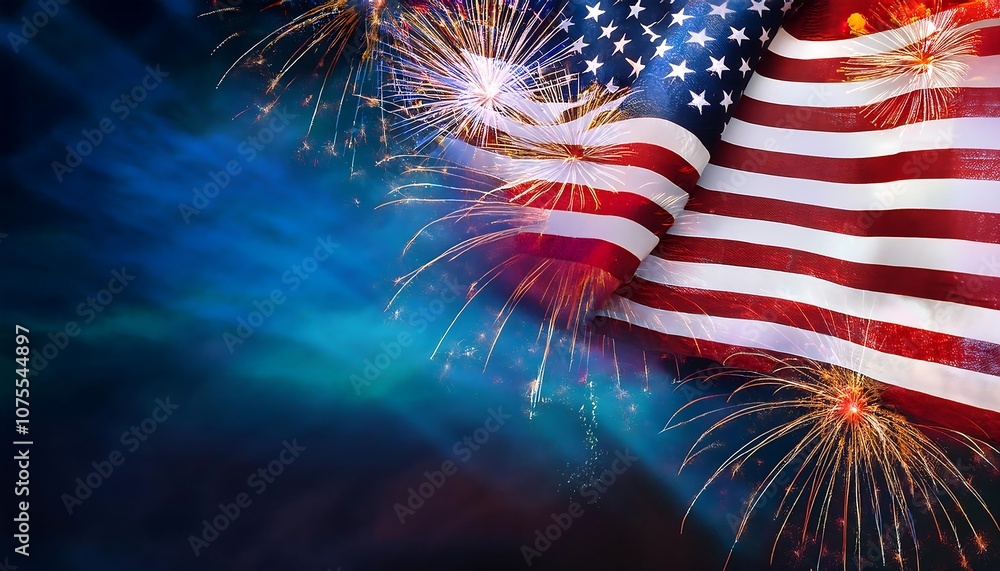 Poster  Grunge style American flag background with empty copy space and fireworks for various US ho_1(1309)