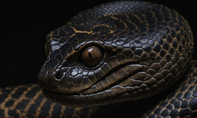 Fototapeta premium A close-up of a black snake's head, showing its scales and eye