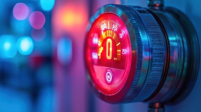 Close-up of a digital gauge with a red needle at zero.
