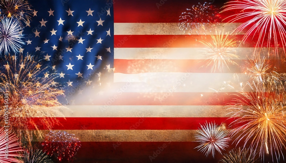 Poster  Grunge style American flag background with empty copy space and fireworks for various US ho_1(1310)