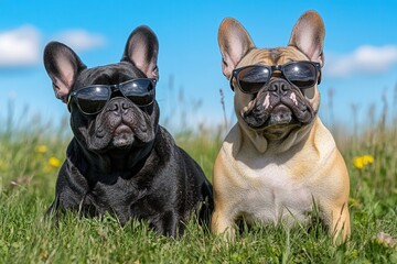Fototapeta premium Two stylish french bulldogs wearing sunglasses in field