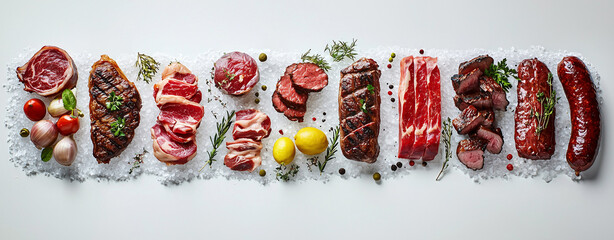Variety of Fresh Meat on Ice with Steaks, Beef, Pork, Chuck, Bacon, and Sausages Garnished with Herbs on White Background