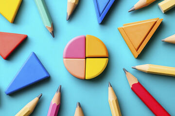 Сolorful math fractions on the wooden backgrounds. interesting math for kids. Education, back to school concept. Geometry and mathematics materials