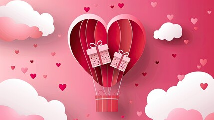 A heart-shaped hot air balloon carrying two wrapped gifts floats in the sky