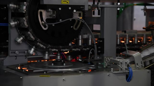Close-up view of modern bottle filling machine ready to work. Industrial background. Soft focus. Copy space. Real time handheld video. Orange glowing light. Production line and manufacturing theme.