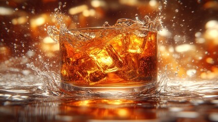 Close-up of a glass of whiskey with ice cubes splashing.
