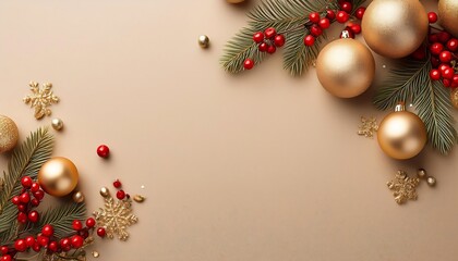  Golden ornaments and red berries adorn a serene beige background in a horizontal festive de_1(1271)