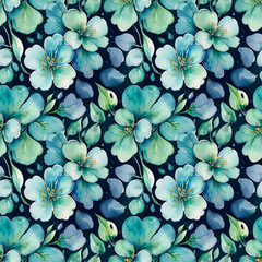 seamless pattern with blue and green  flowers on dark background