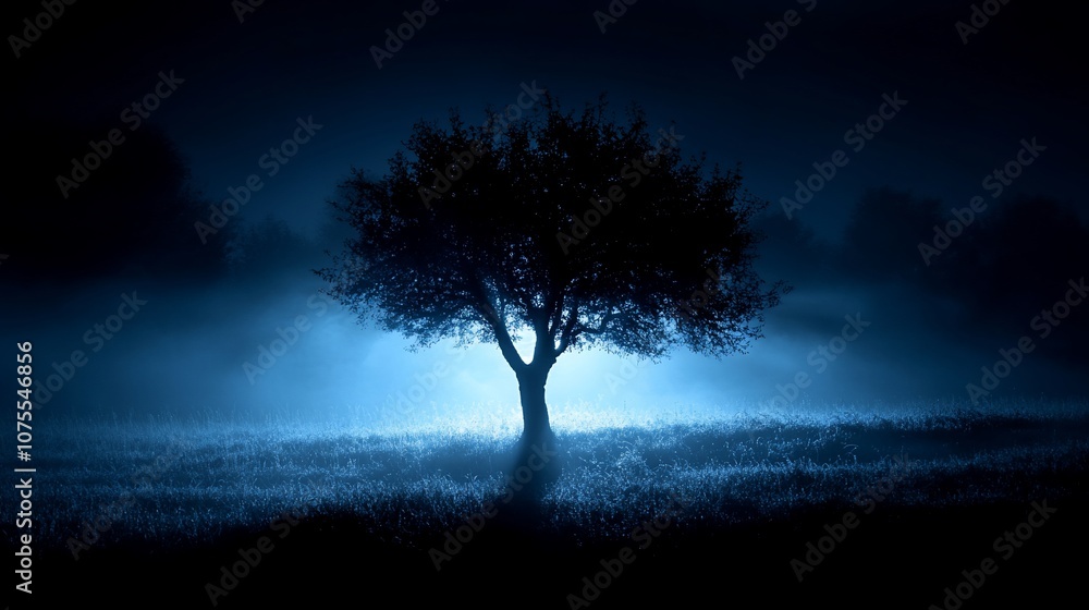 Poster silhouette of a tree in a field of fog lit by a blue light at night.