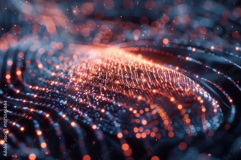 Poster abstract background with orange particles flowing and forming wavy surface