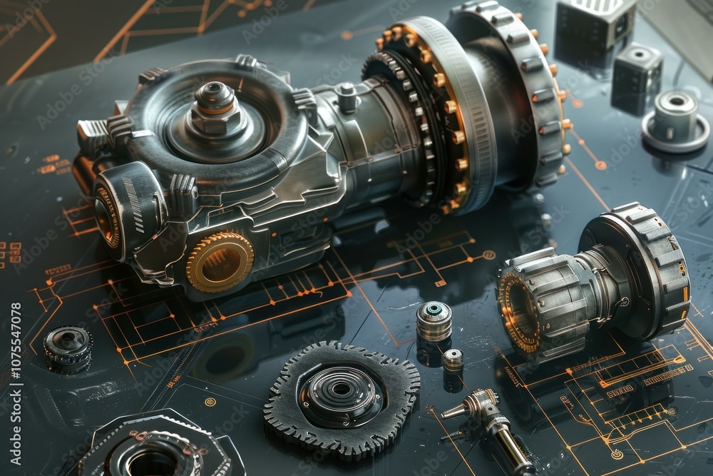 Poster 3d rendering of a complex engine with spare parts lying on design plans
