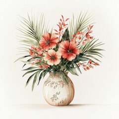 Bohemian Chic Floral Arrangement - Watercolor Illustration of Tropical Flowers and Palm Leaves in Vintage Ceramic Vase for Textile Print and Home Decor