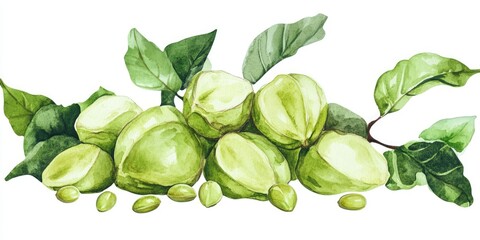 Fresh Sacha Inchi Seeds and Fruits. Watercolor Hand-drawn Illustration of Inca Nut Plant on White Background