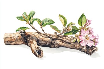Fototapeta premium Hand-Drawn Watercolor Illustration of Cat's Claw Medicinal Plant Bark and Flower in Vignette Style