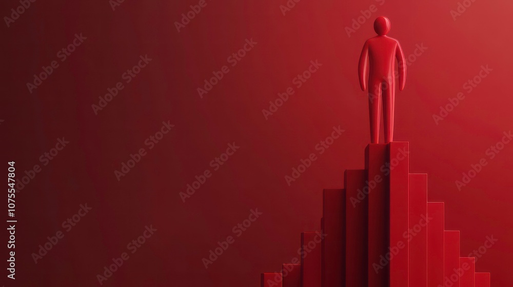 Poster a red 3d stick figure stands atop a staircase made of red blocks against a red background.