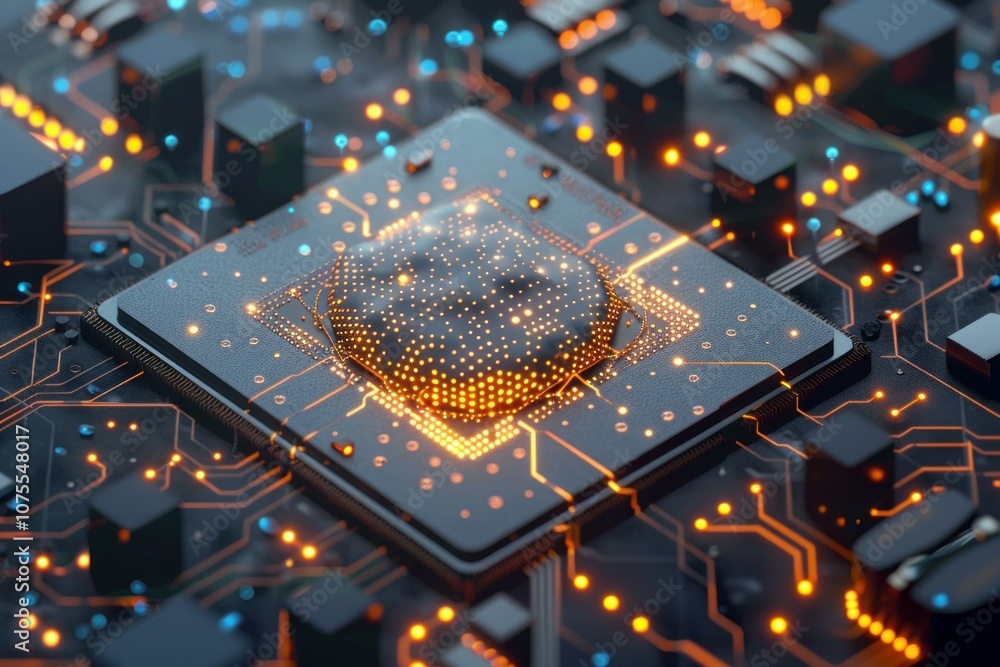 Poster computer chip is glowing as it processes data with artificial intelligence