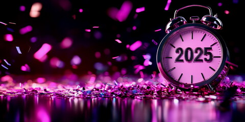 Illustration of a grand countdown clock hitting 12:00 with "2025" in bold numbers, festive celebration