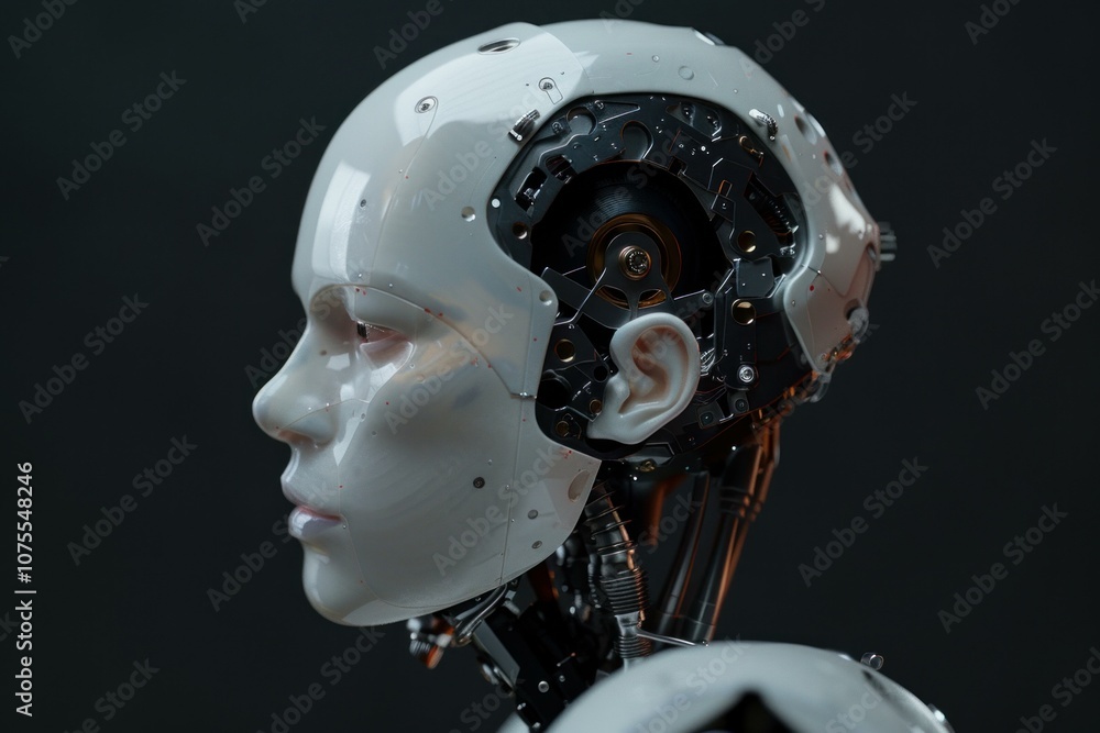 Poster profile of a futuristic android with intricate internal mechanisms, showcasing advanced ai and robot