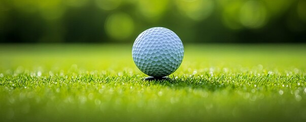 Close-up of golf ball teed up, with grass and dew droplets, ready for the first shot, golf tee setup, anticipation and start