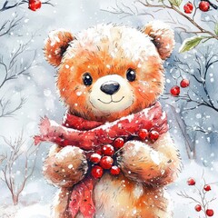 Sweet Berry Bear in Winter Forest. Watercolor Illustration of Cute Little Animal with Floral Background