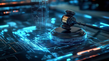 A judge's gavel rests on a futuristic digital circuit board, symbolizing the intersection of law and technology.