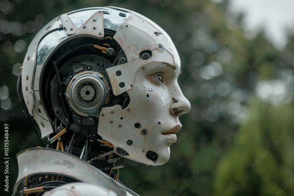 Poster highly detailed humanoid robot with a thoughtful expression, contemplating the future in a natural e