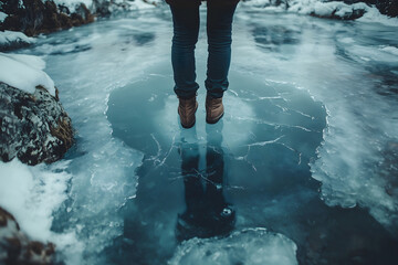 walking on thin ice. Conceptual image of a person standing on thin, breaking ice. 