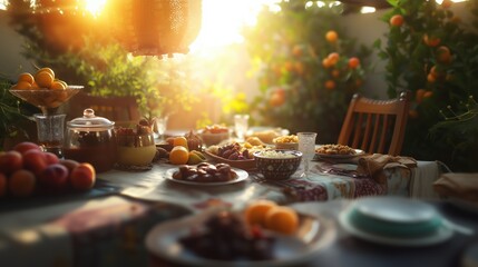 A beautifully arranged Iftar meal features an assortment of fresh fruits, dates, and traditional dishes, set amidst lush greenery at sunset, capturing the spirit of Ramadan gatherings