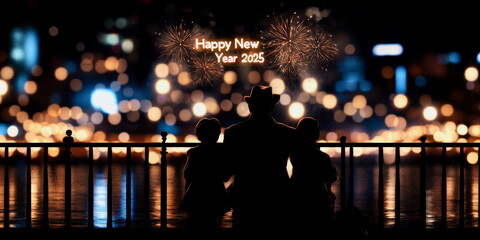 Obraz premium Illustration of family watching fireworks at midnight, 