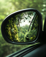 Car side mirror reflecting a lush green forest with flying birds, symbolizing a connection to nature, eco-friendly travel, and scenic exploration through sustainable journeys