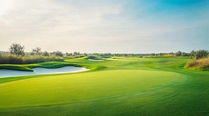 High-angle view of a meticulously maintained golf course, symmetrical patterns, golf course design, order and beauty