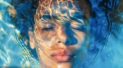 Closeup of beautiful man's face in a water