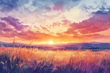 Colorful Sunset Over Scenic Rolling Hills