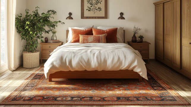 The scene presents a cozy, luxurious corner of a hotel bedroom, designed for relaxation and comfort. At the center of the room is a bed elevated on a wooden podium, creating a sense of grandeur. The b