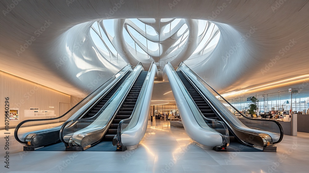 Poster modern escalators in a futuristic building with a skylight.