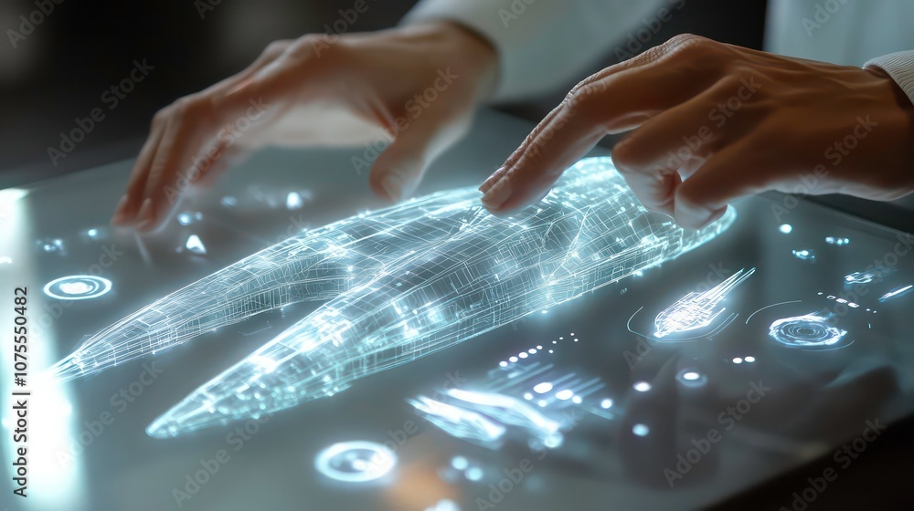 Poster a person's hands interact with a futuristic digital interface, manipulating a holographic 3d model o