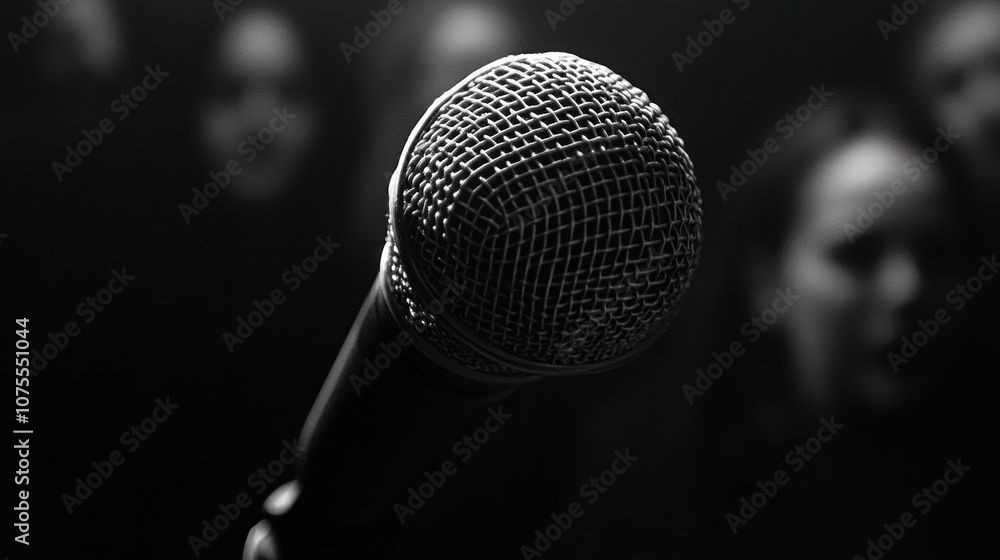 Poster closeup of a microphone in front of a crowd.