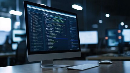 Naklejka premium Online Workspace with Coding on Computer Monitor