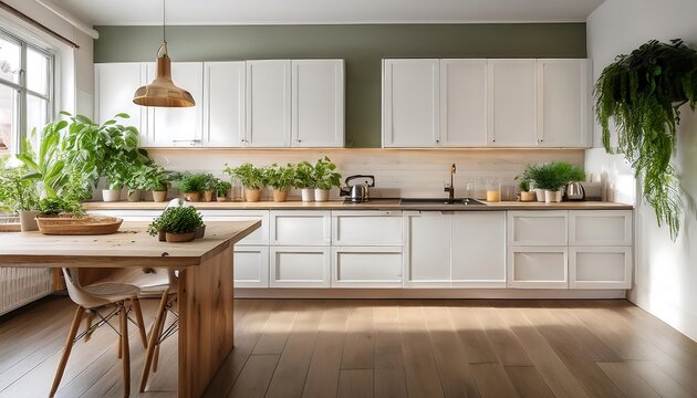  Cozy kitchen scene featuring wooden counter, white cabinets, and lush greenery showcased in_1(1065)